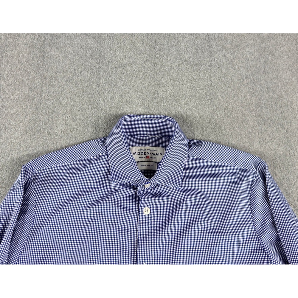 Mizzen+Main Spinnaker Collection Blue Gingham Shirt Mens Medium Trim Fit Stretch